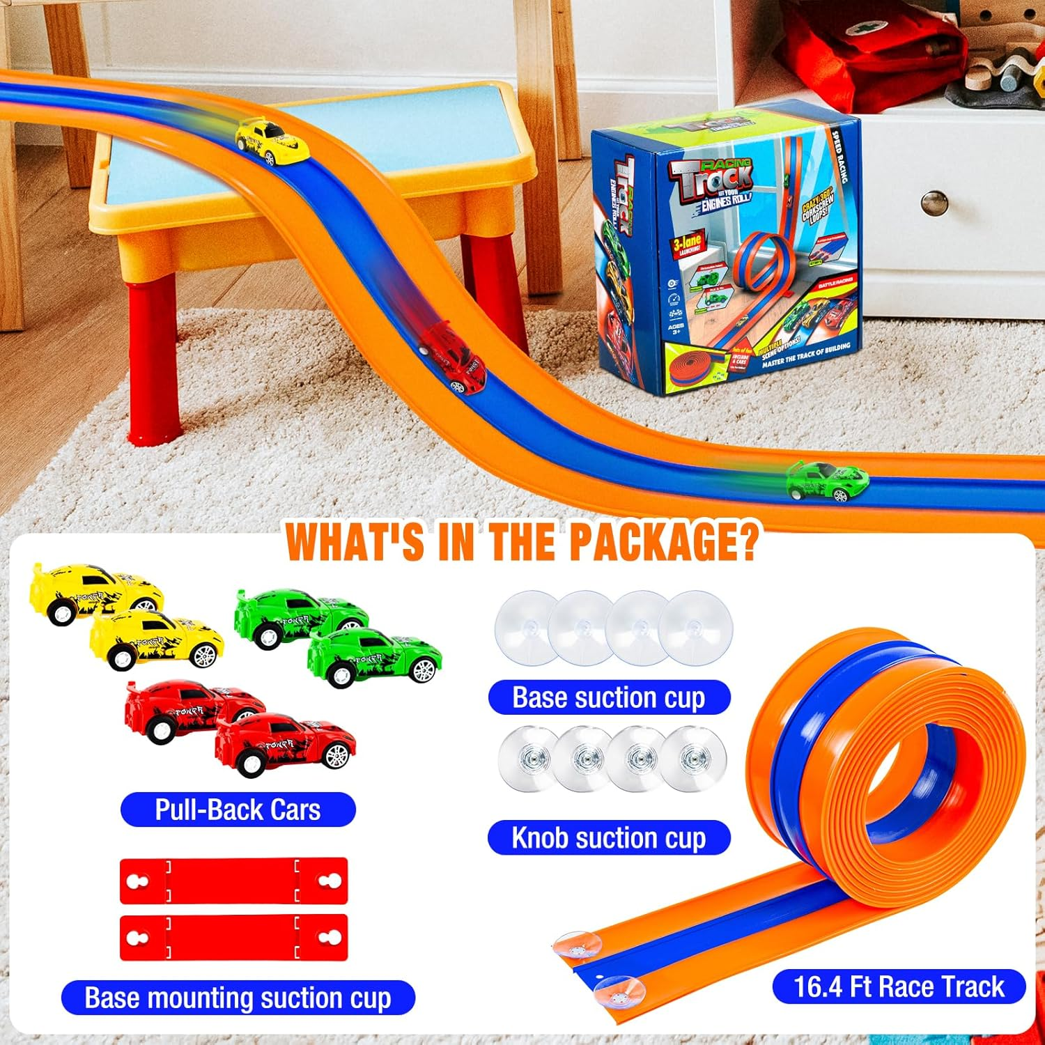 Flexible Race Track Set - 16.4ft Bendable Car Track with Pull-Back Cars & Suction Cups