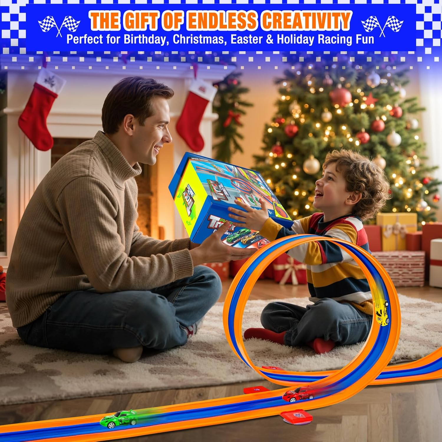 Flexible Race Track Set - 16.4ft Bendable Car Track with Pull-Back Cars & Suction Cups