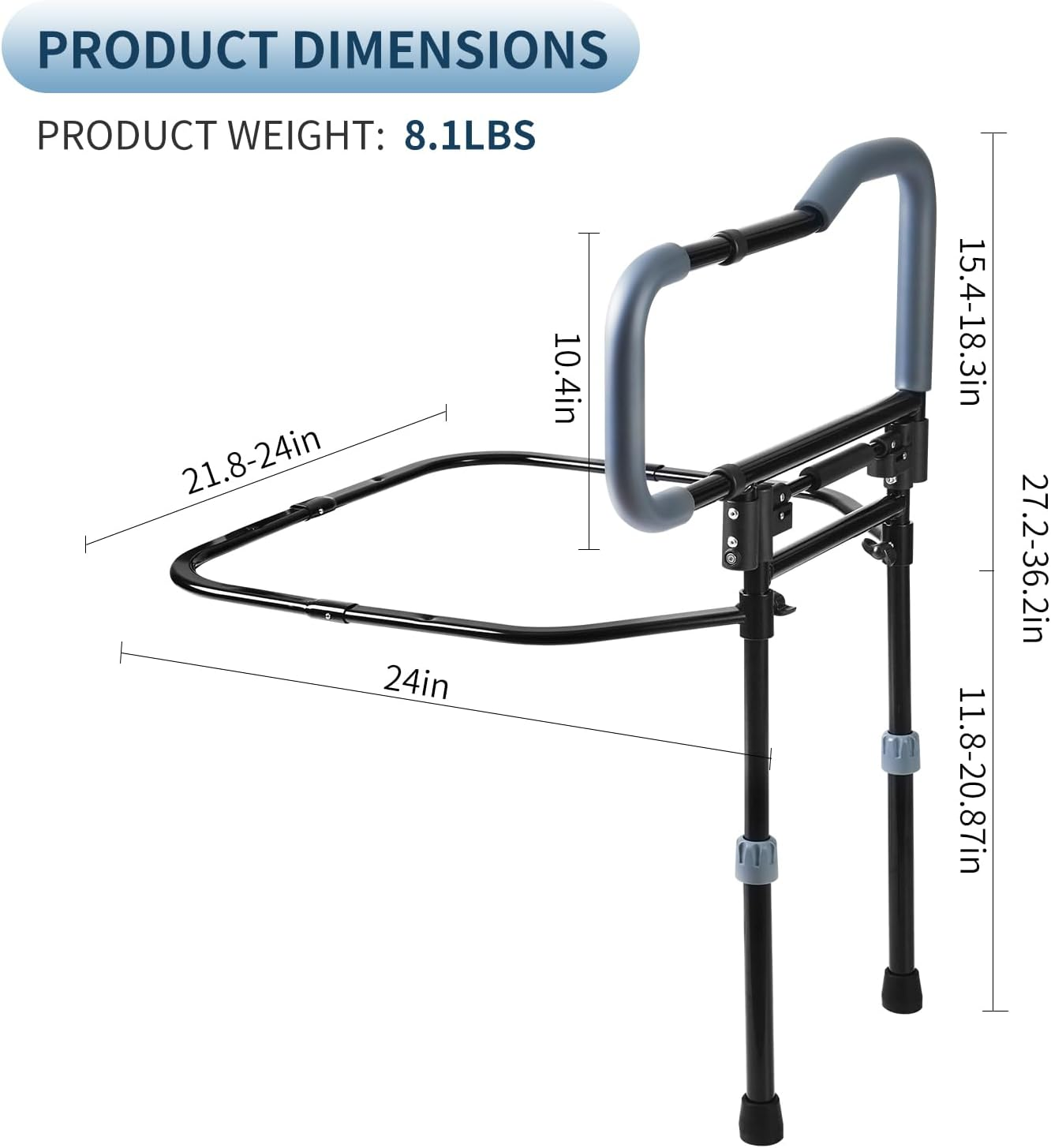 Adjustable Bed Assist Rail - Collapsible Bed Safety Handle with Safety Strap for Seniors & Elderly