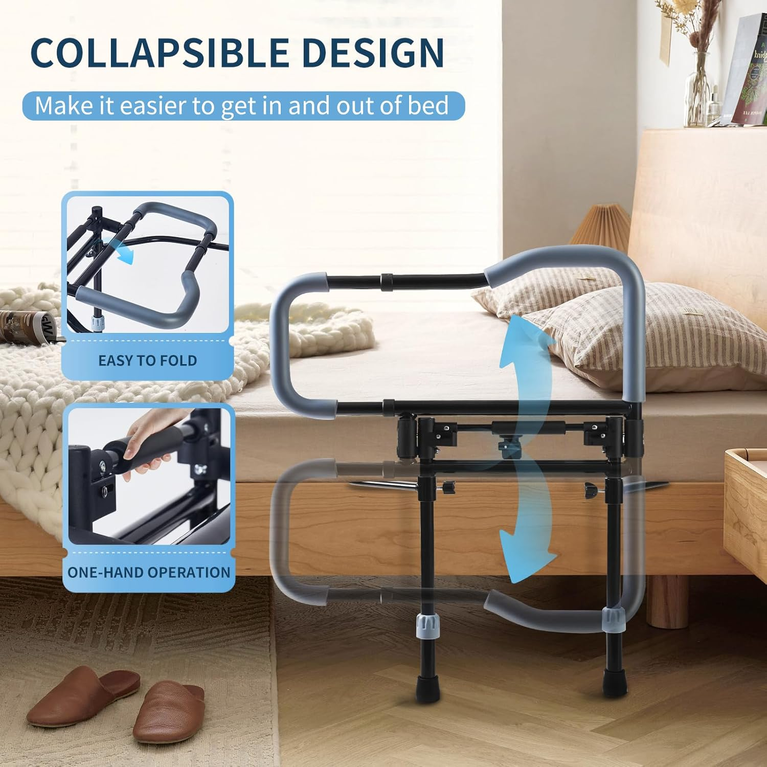 Adjustable Bed Assist Rail - Collapsible Bed Safety Handle with Safety Strap for Seniors & Elderly