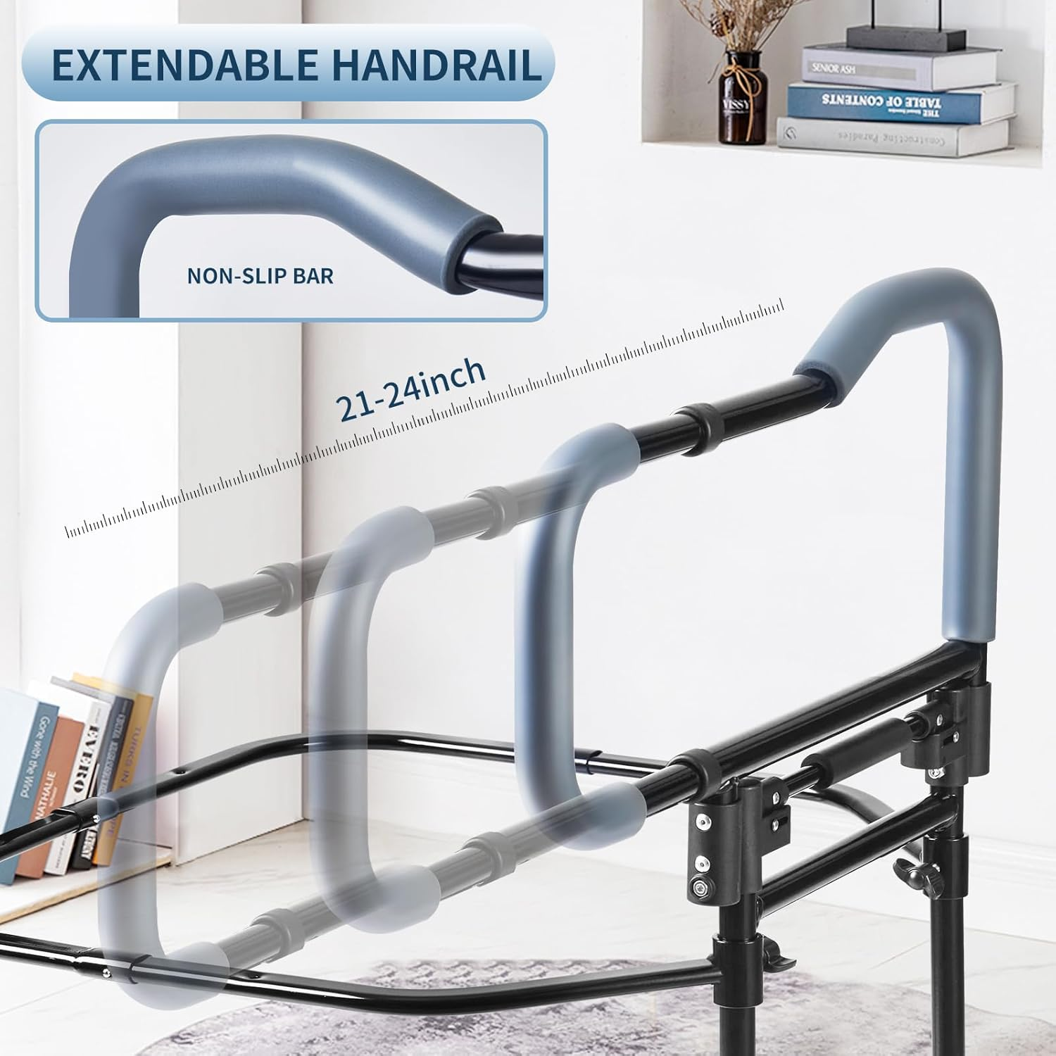 Adjustable Bed Assist Rail - Collapsible Bed Safety Handle with Safety Strap for Seniors & Elderly