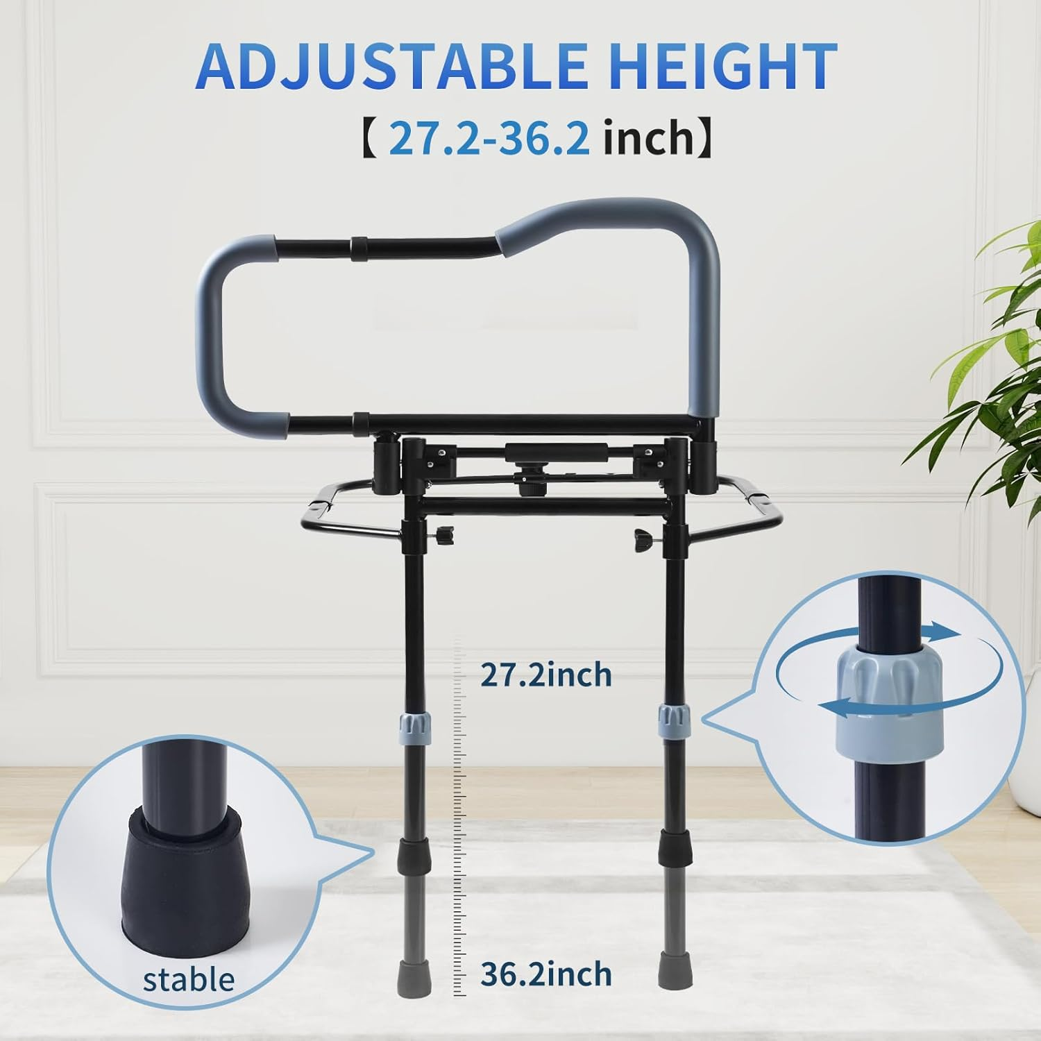 Adjustable Bed Assist Rail - Collapsible Bed Safety Handle with Safety Strap for Seniors & Elderly