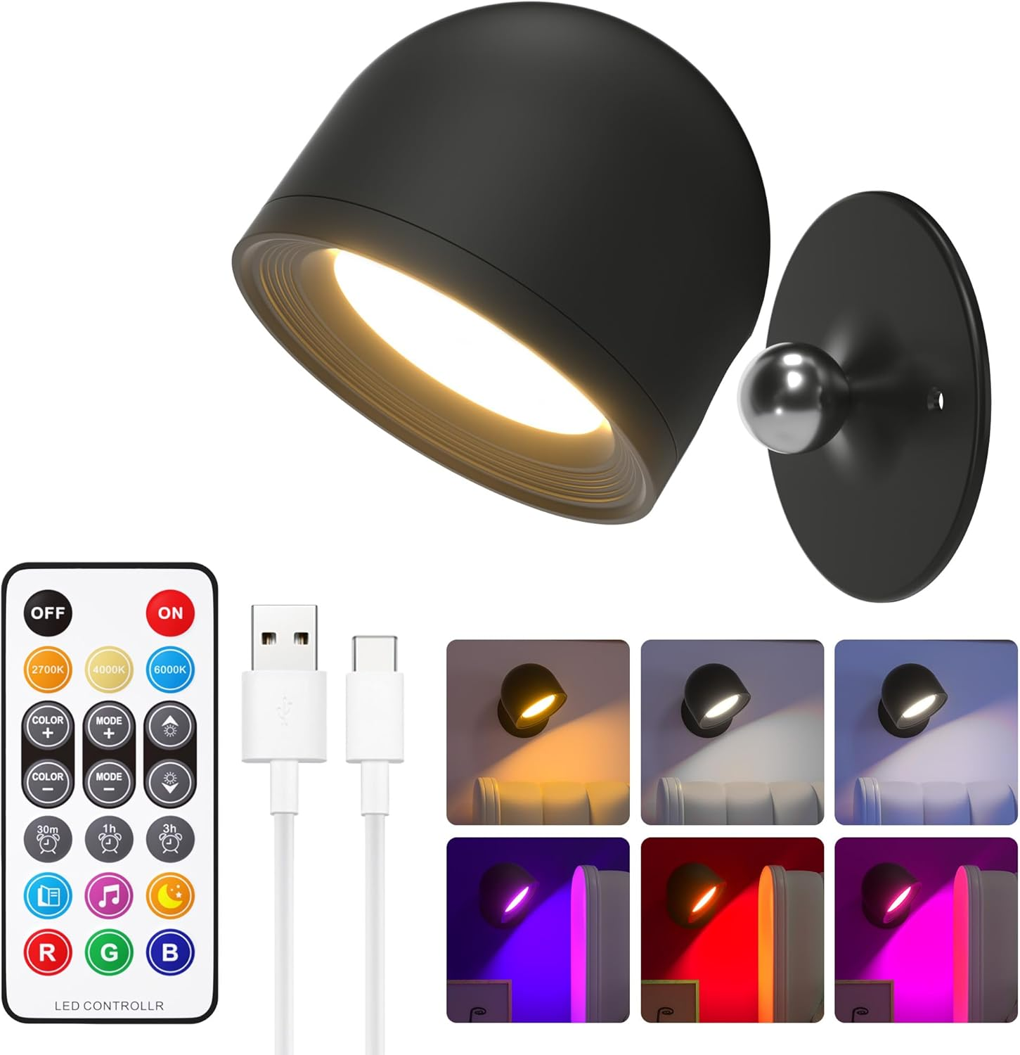 Rechargeable LED Mood Light with Remote - 32 Colors & 3 Color Temperatures, 2000mAh Battery, USB-C Fast Charging
