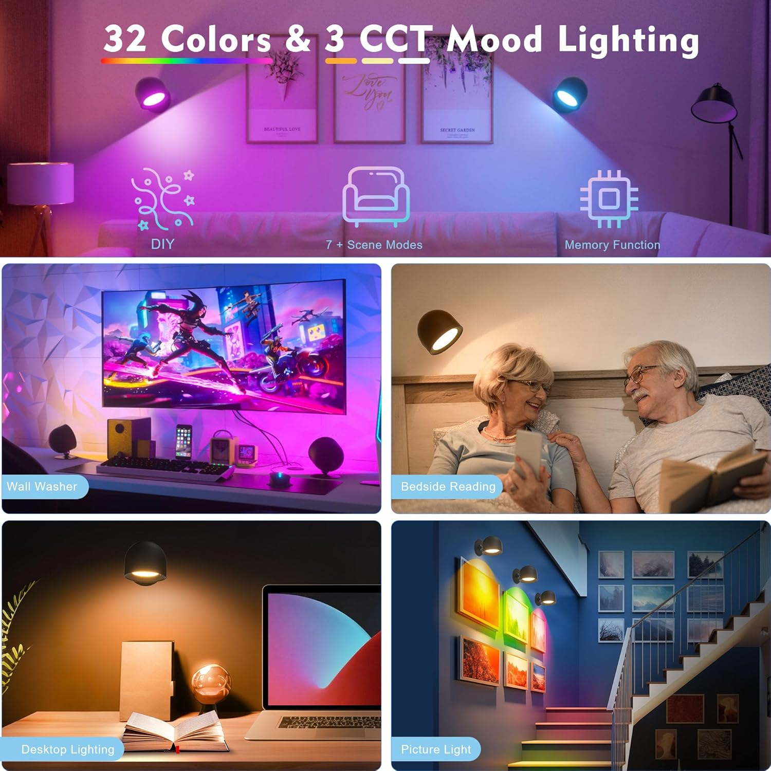 Rechargeable LED Mood Light with Remote - 32 Colors & 3 Color Temperatures, 2000mAh Battery, USB-C Fast Charging