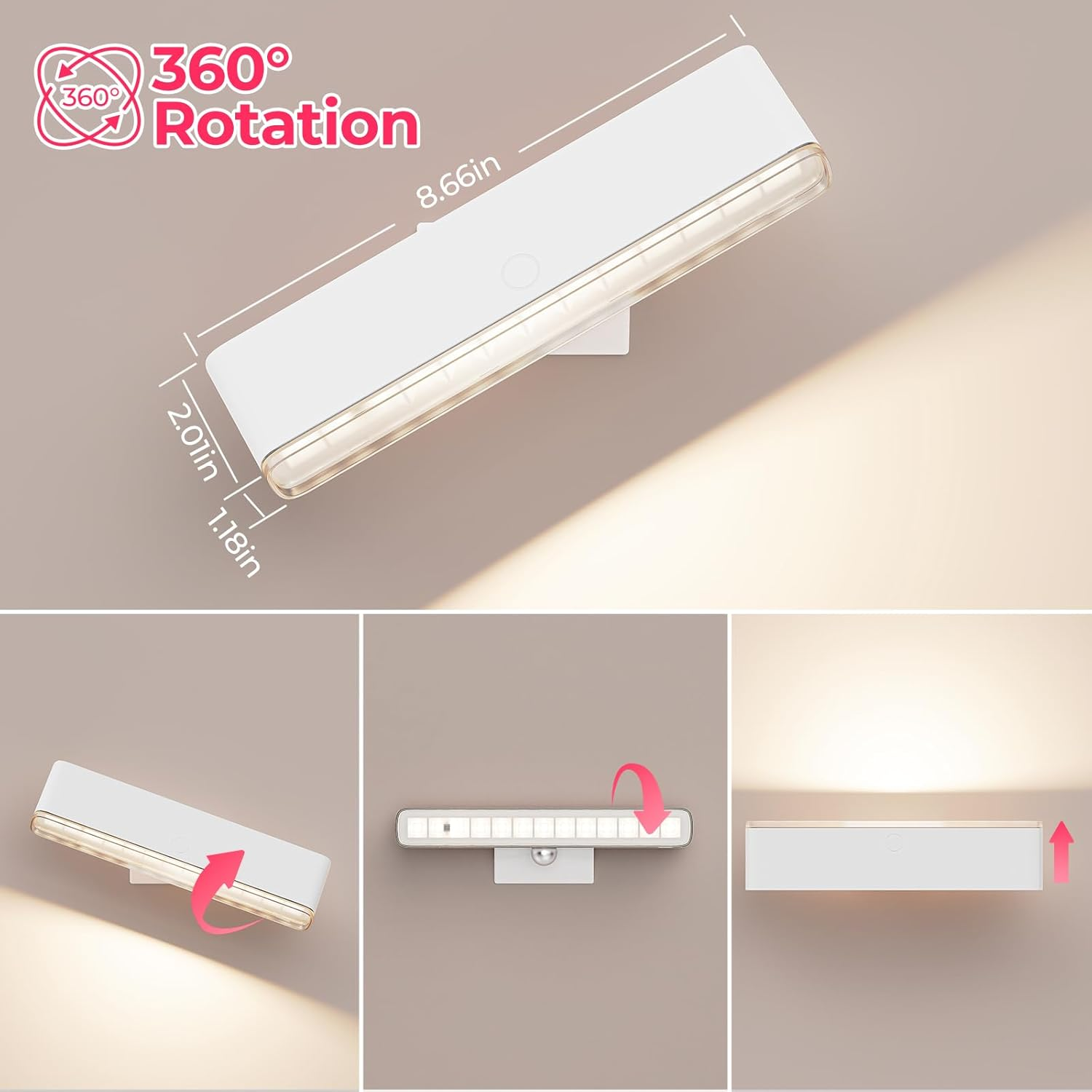 Rechargeable LED Mirror Light - 360° Rotating Vanity Light with 3 Color Temperatures