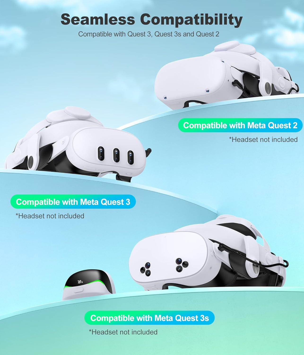 VR Headset Battery Head Strap for Meta Quest 2/3/3s - 6700mAh Extended Power, Adjustable Comfort Design, Digital Display (Head Strap Only)