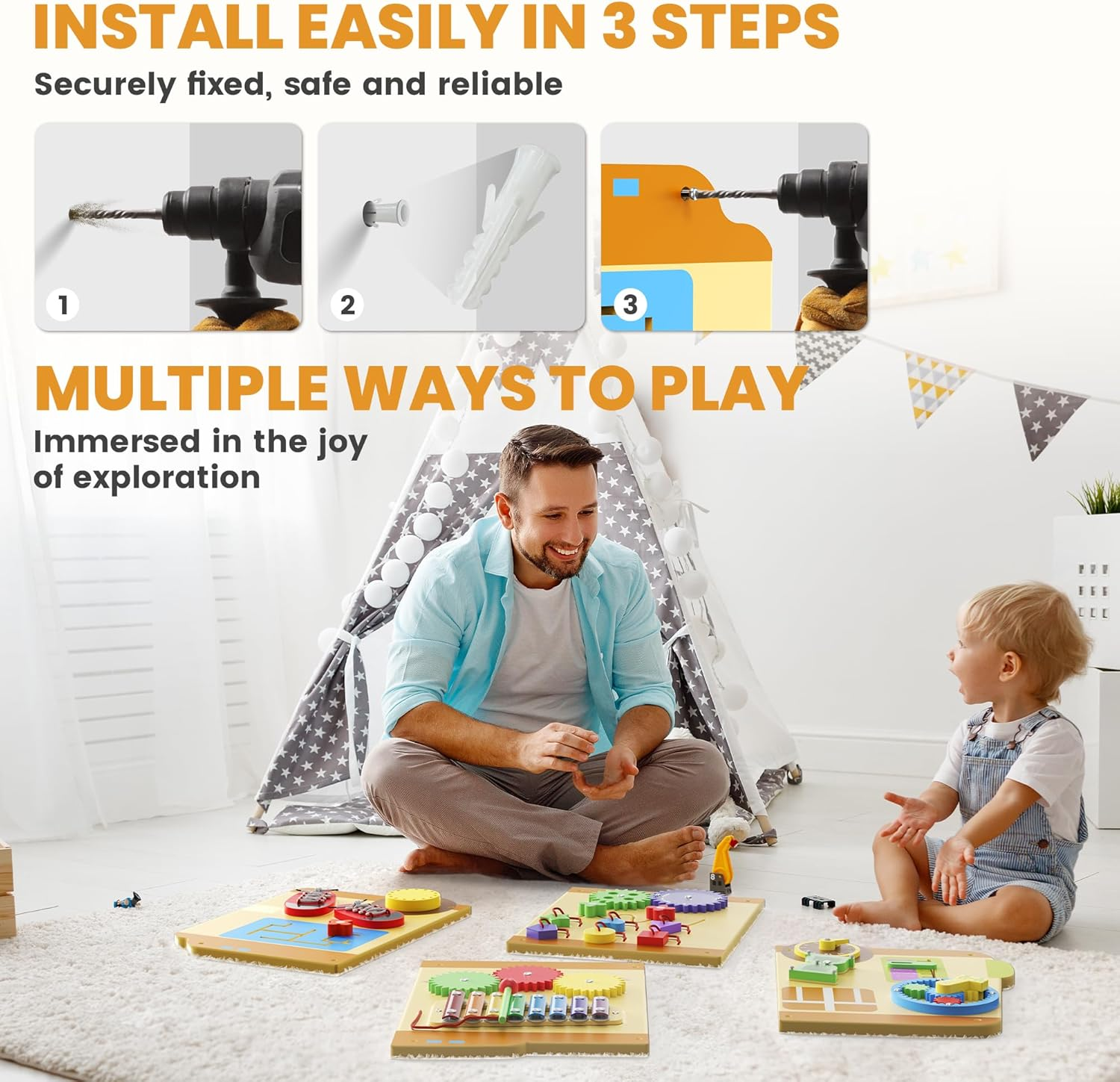 12-in-1 Wooden Busy Board - Montessori Activity Center with Gears, Piano & Educational Toys