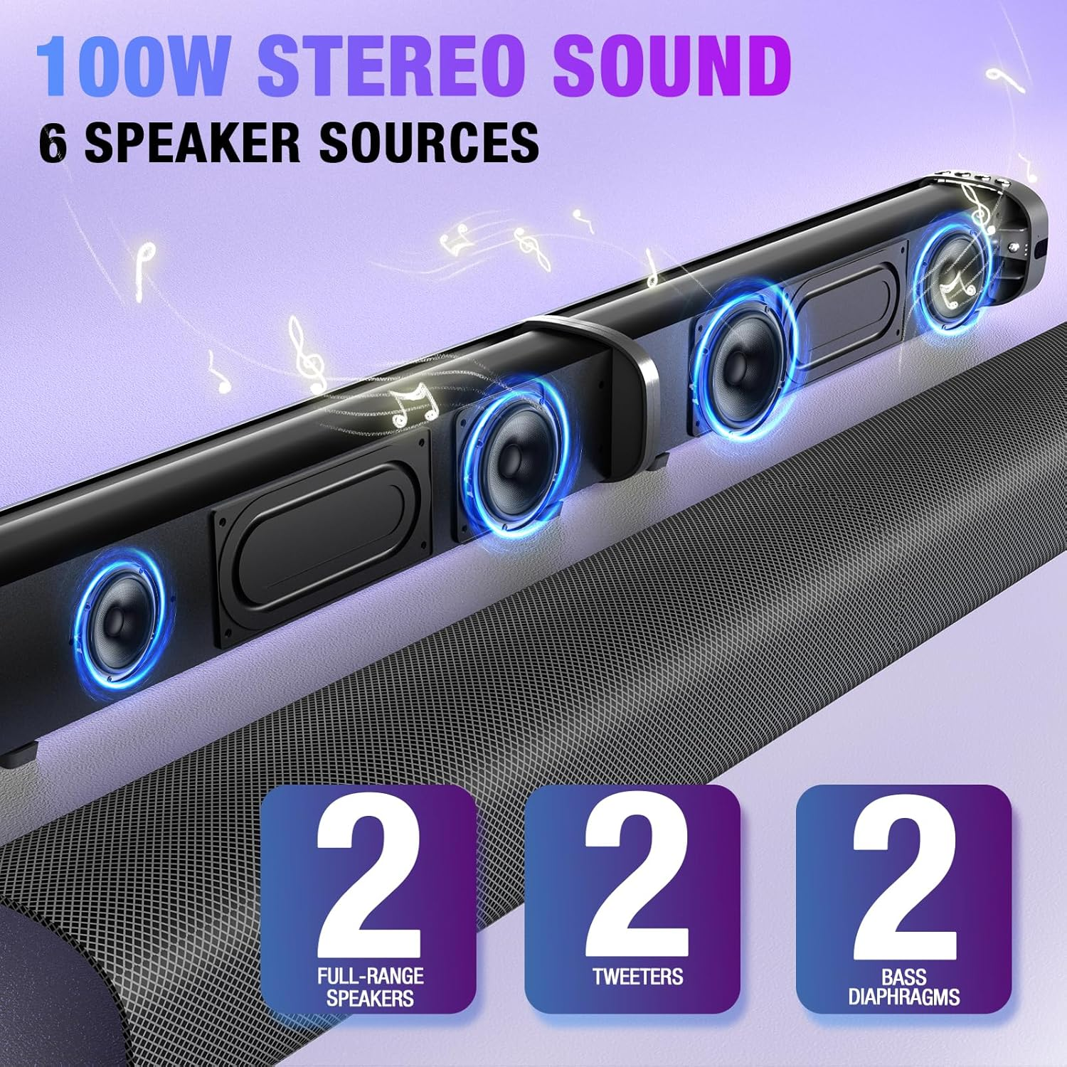 100W Soundbar for TV - 6-Speaker 3D Surround Sound with Remote Control & 3 EQ Modes