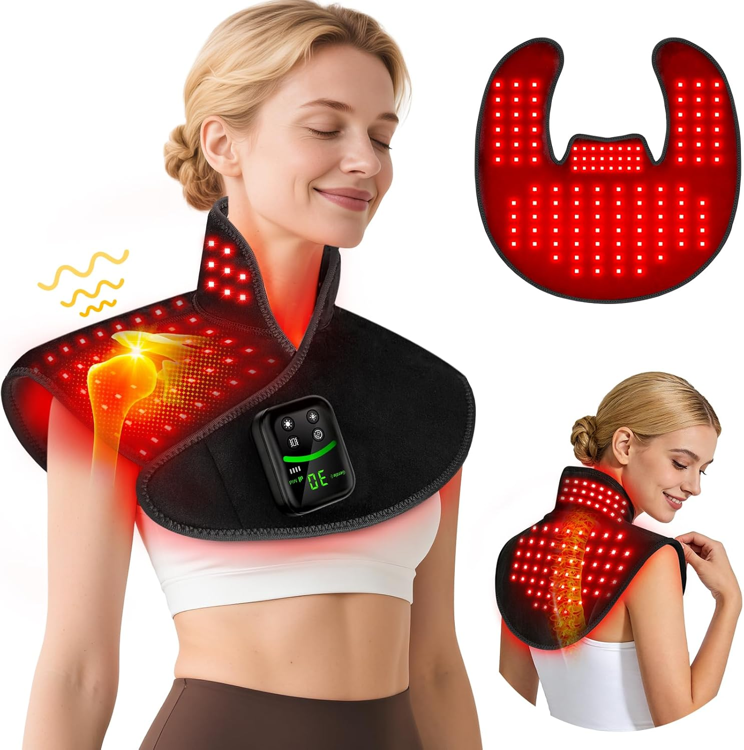 Red Light Therapy Shoulder Wrap - 118 LED Wireless Heating Pad with Massage & Timer