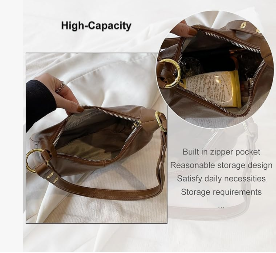 Women's Hobo Shoulder Bag - Soft Vegan Leather Minimalist Handbag with Adjustable Strap
