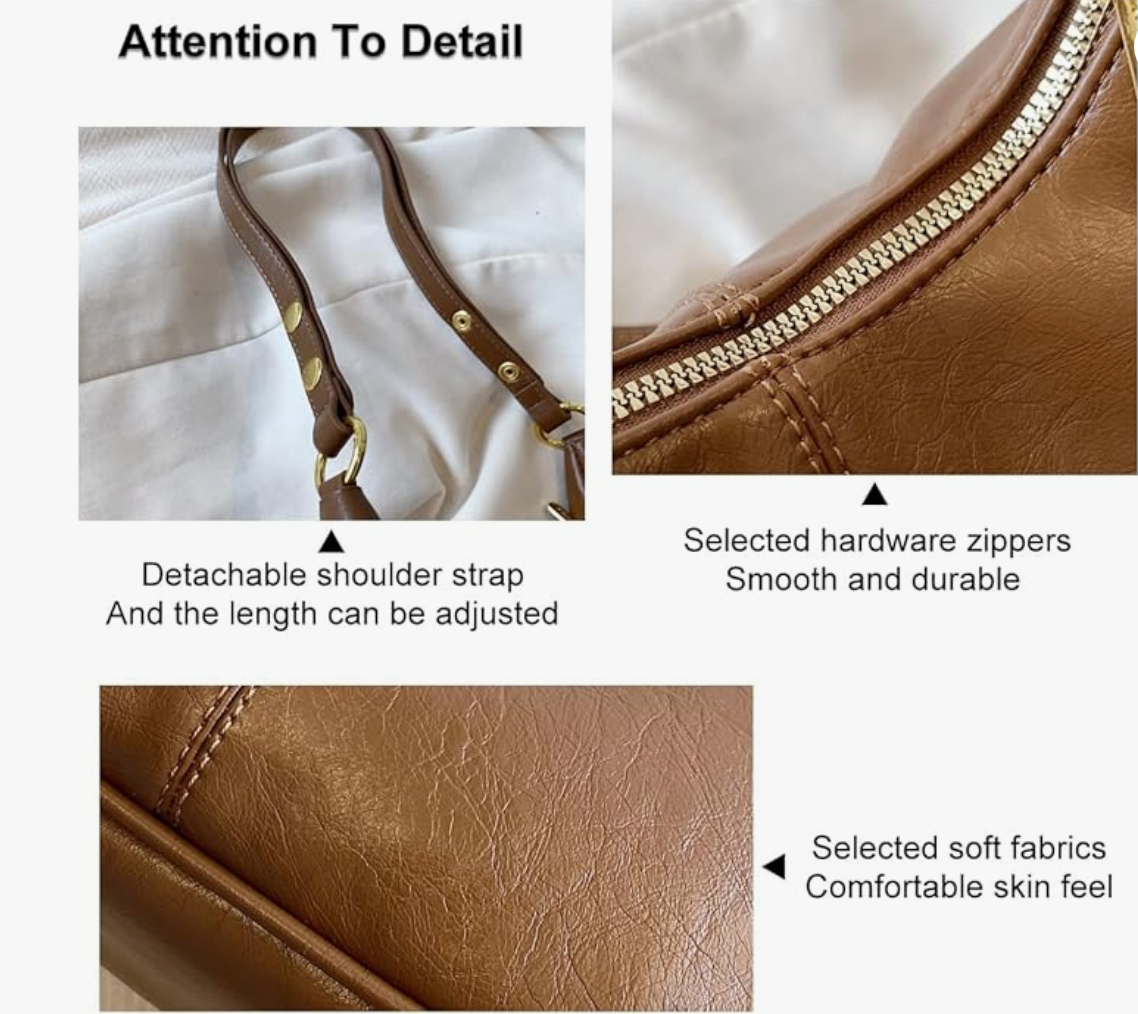 Women's Hobo Shoulder Bag - Soft Vegan Leather Minimalist Handbag with Adjustable Strap