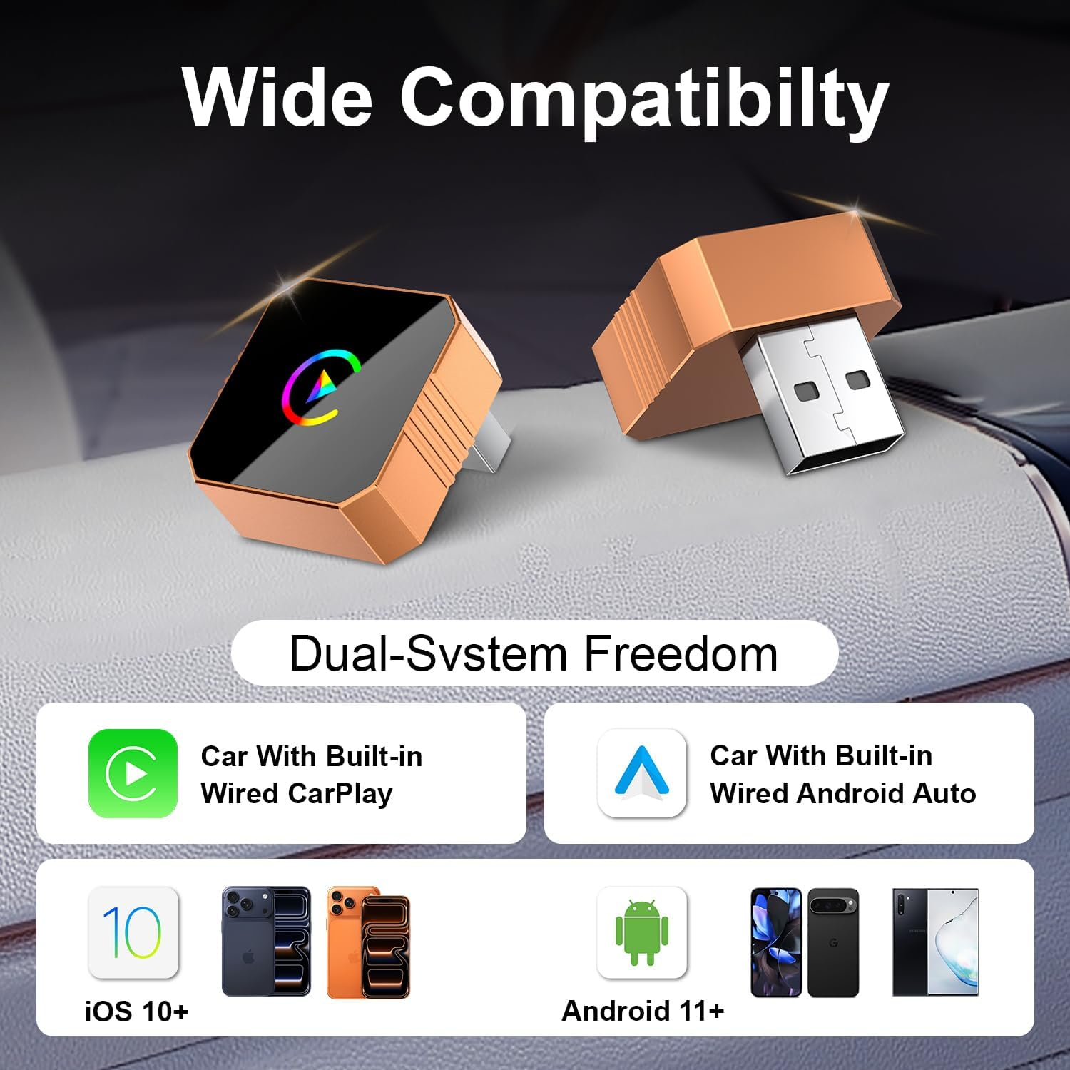 Wireless CarPlay Android Auto Adapter - Mini USB Dongle 2.4GHz/5GHz Dual-Band with Auto Reconnect