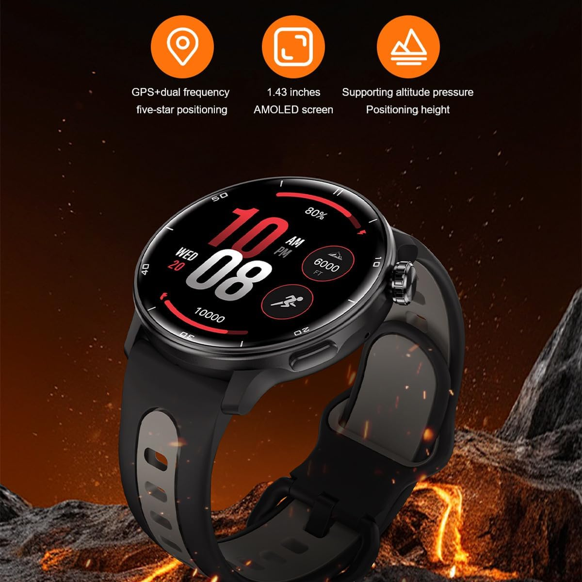 Military Smart Watch with GPS Tracker - 1.43" AMOLED Screen, Compass, Bluetooth Call Answer/Dial, Multiple Sports Modes for Android & iOS - Black