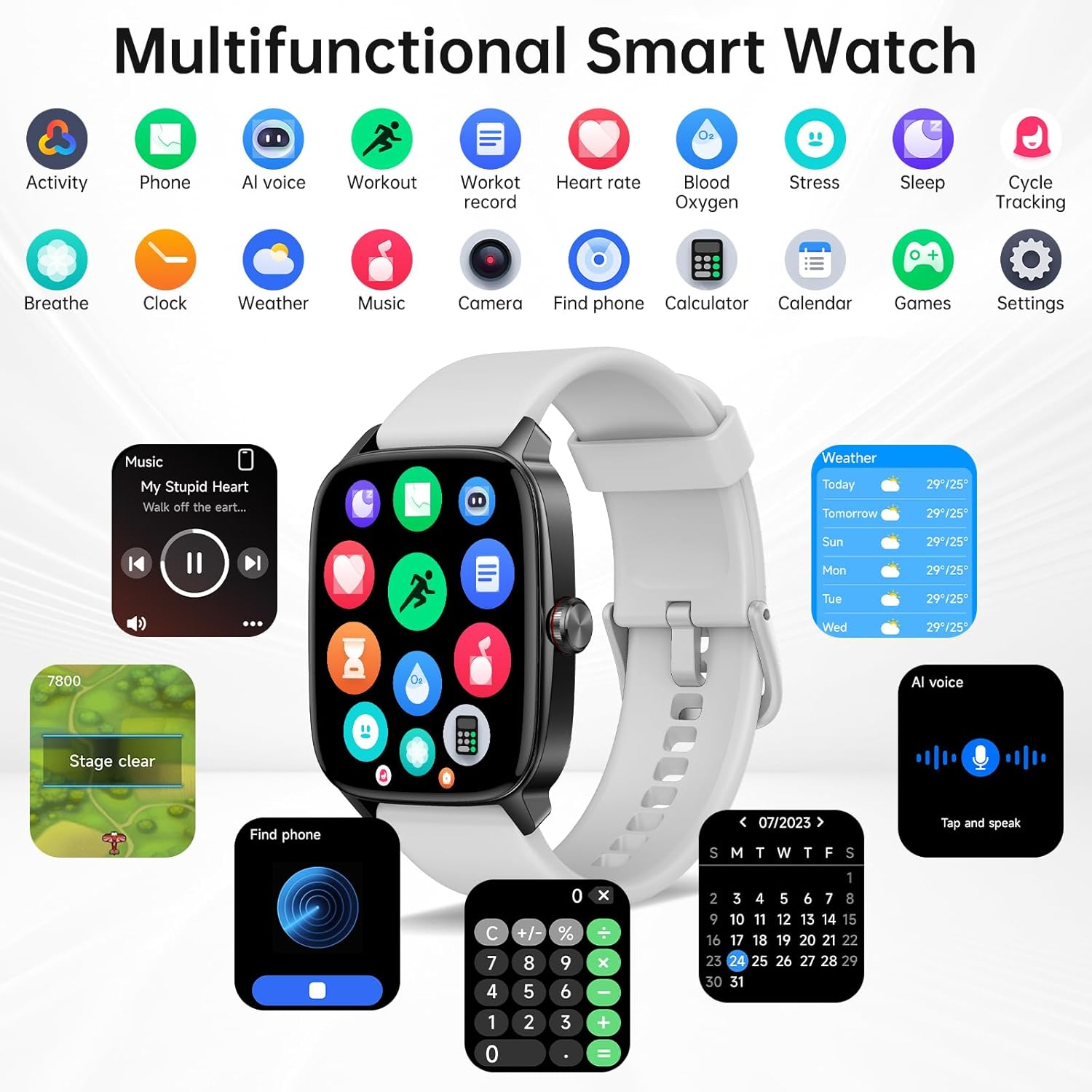 Smart Watch 1.85" HD - Bluetooth Call & AI Voice, Heart Rate SpO2 Sleep Monitor, 100+ Sports Modes, Mini Games, IP68 Waterproof for Android & iOS
