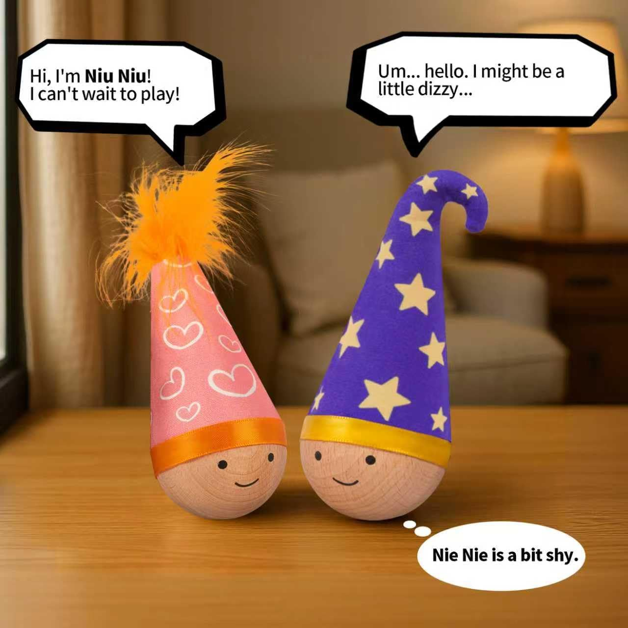 Lulu's World Wooden Interactive Cat Toy with Catnip - Nienie Tumbler Wobble Toy for Indoor Cats, Self-Righting Chaser with Wizard Hat & Stars (Purple)