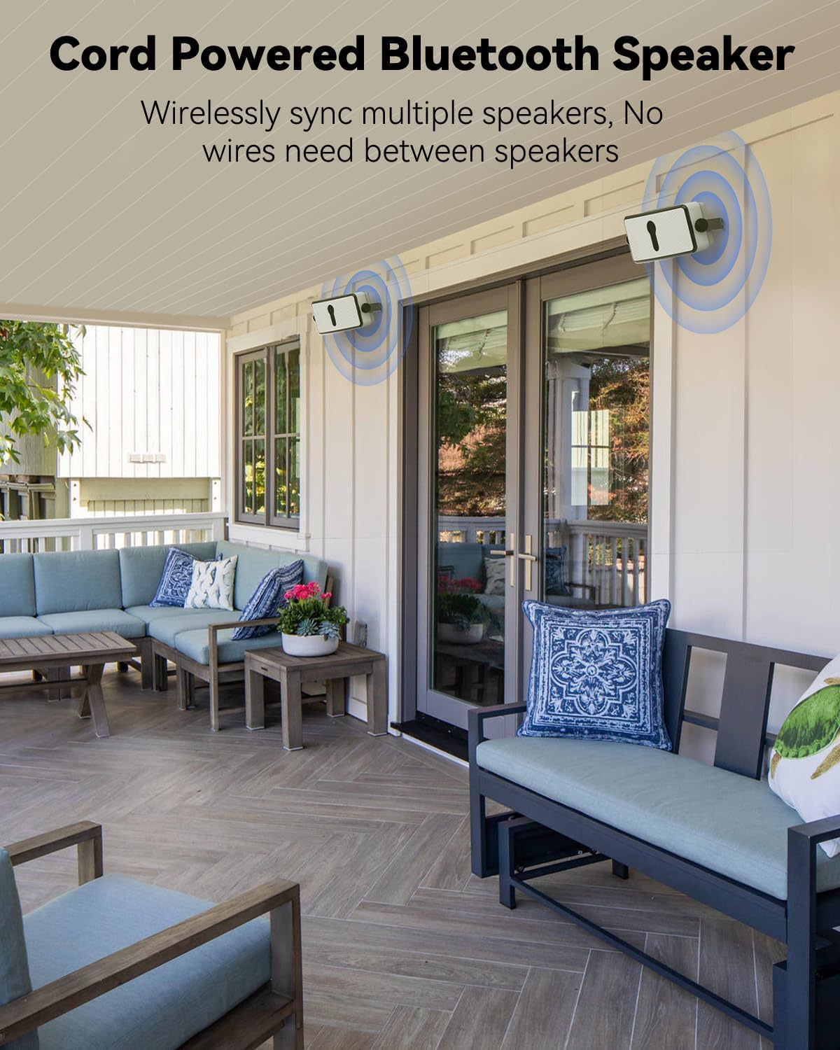 Bluetooth Outdoor Speaker IPX5 Waterproof - Wireless Sync 100 Speakers, Wall-Mount for Patio, Porch & Garage (Pair)