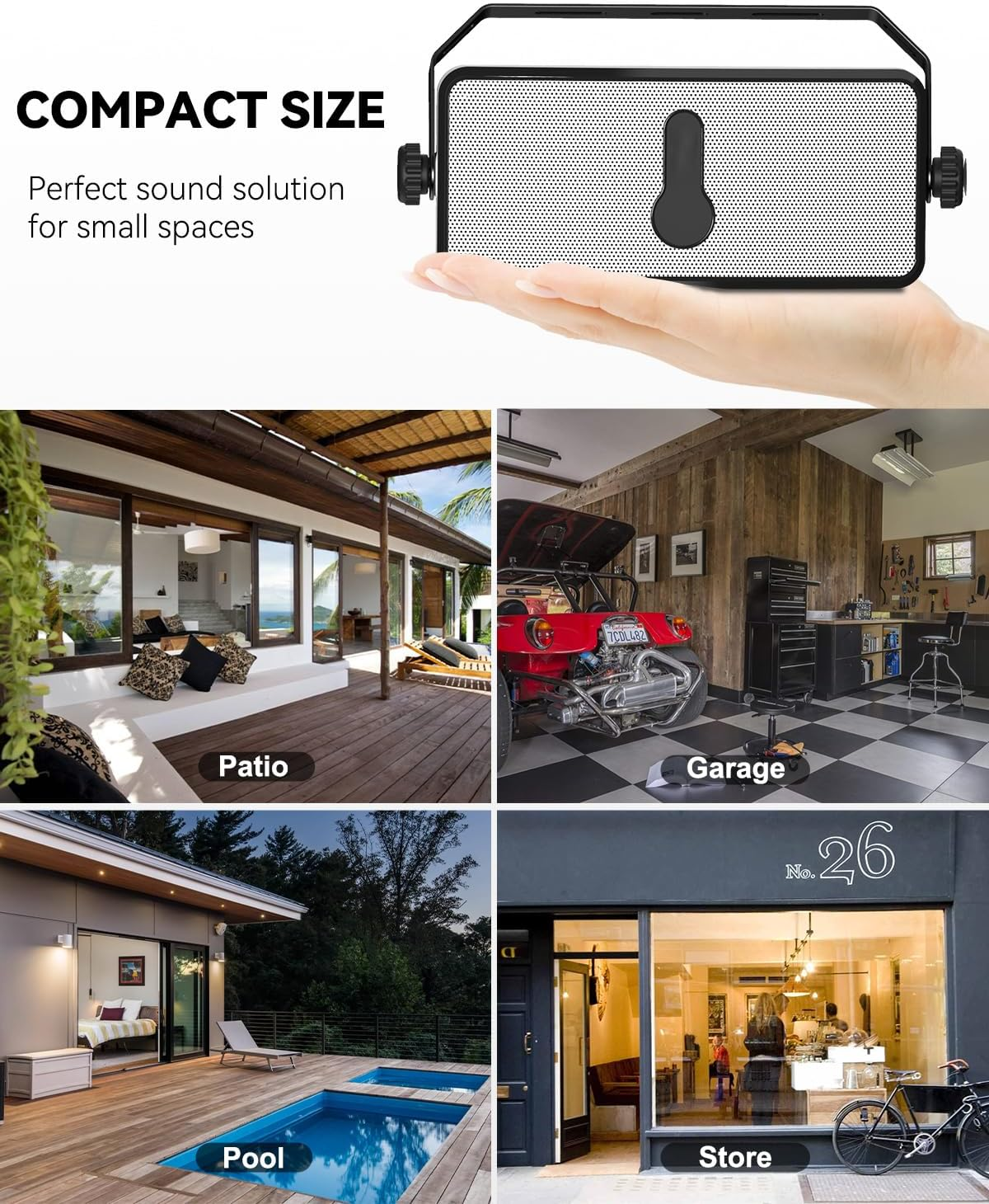 Bluetooth Outdoor Speaker IPX5 Waterproof - Wireless Sync 100 Speakers, Wall-Mount for Patio, Porch & Garage (Pair)