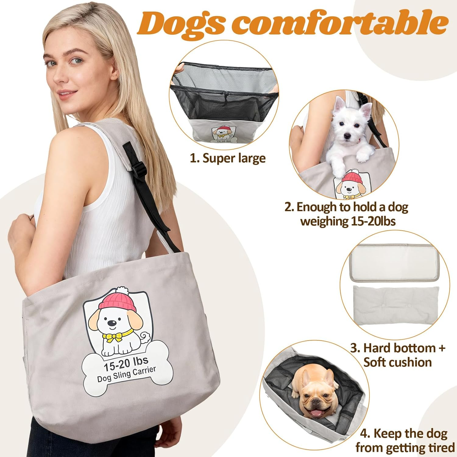 Dog Sling Carrier for Small Dogs 15-20lbs - Hands-Free Pet Carrier for French Bulldog, Corgi, Puppies