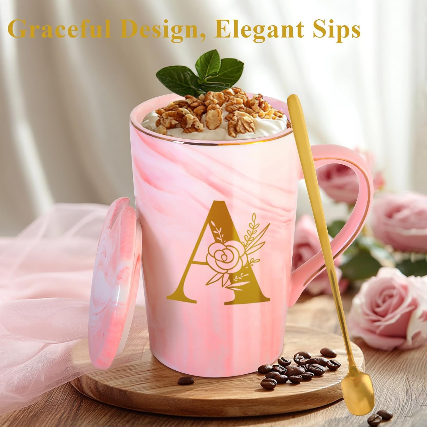 Personalized Ceramic Women Coffee Mug with Lid - Large Pink Customized Tea Cup Gift for Her Wife Mom Grandma