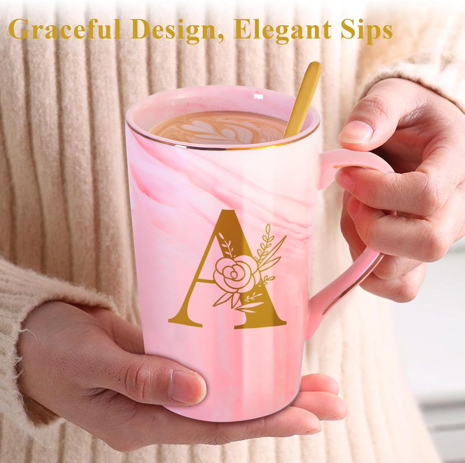 Personalized Ceramic Women Coffee Mug with Lid - Large Pink Customized Tea Cup Gift for Her Wife Mom Grandma