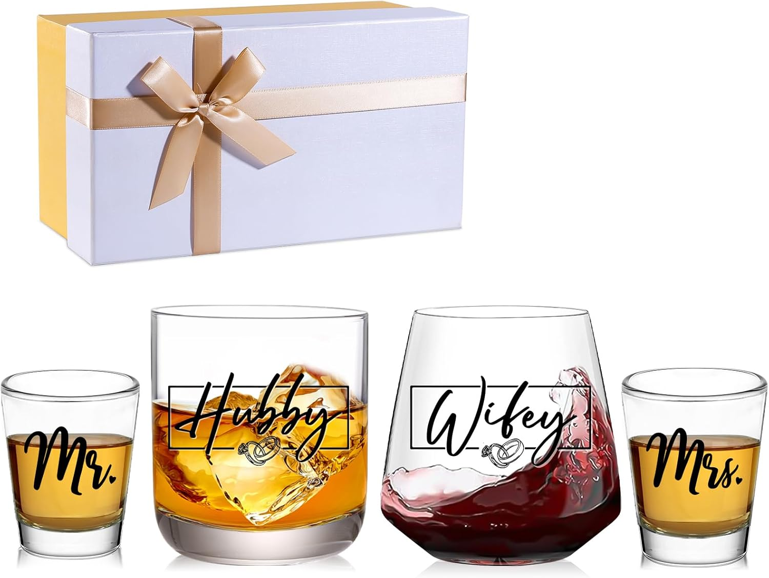 Gifts for Couples 2026 - Mr and Mrs Shot Glass Set His and Hers Hubby Wifey Anniversary Valentines Gift