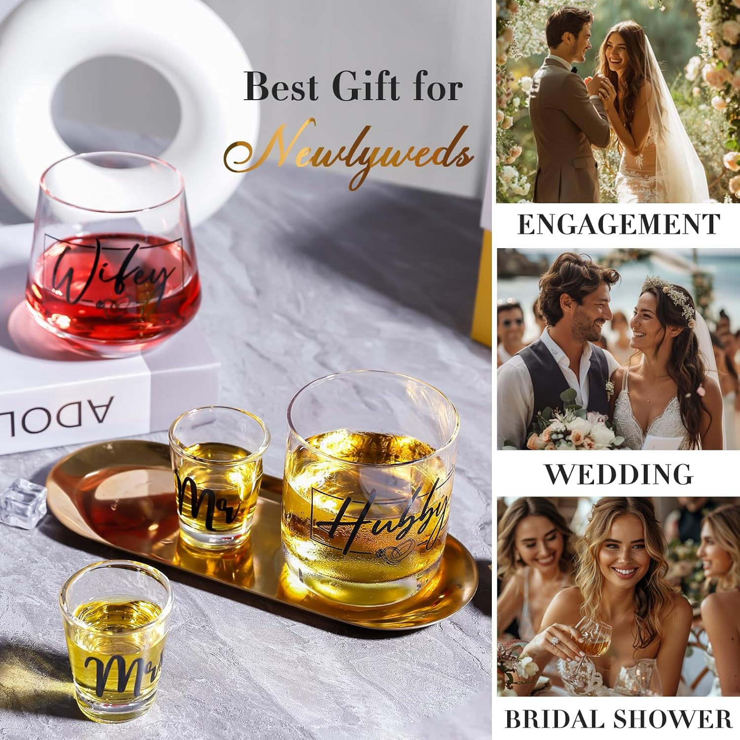 Gifts for Couples 2026 - Mr and Mrs Shot Glass Set His and Hers Hubby Wifey Anniversary Valentines Gift