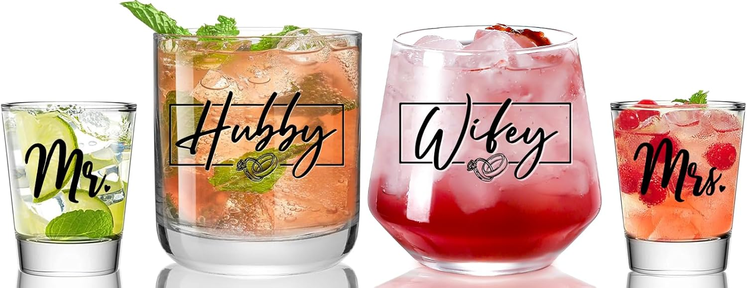 Gifts for Couples 2026 - Mr and Mrs Shot Glass Set His and Hers Hubby Wifey Anniversary Valentines Gift