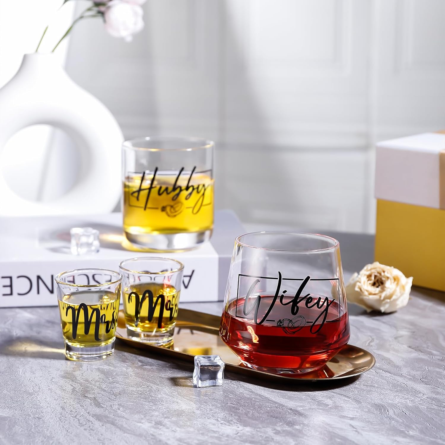 Gifts for Couples 2026 - Mr and Mrs Shot Glass Set His and Hers Hubby Wifey Anniversary Valentines Gift