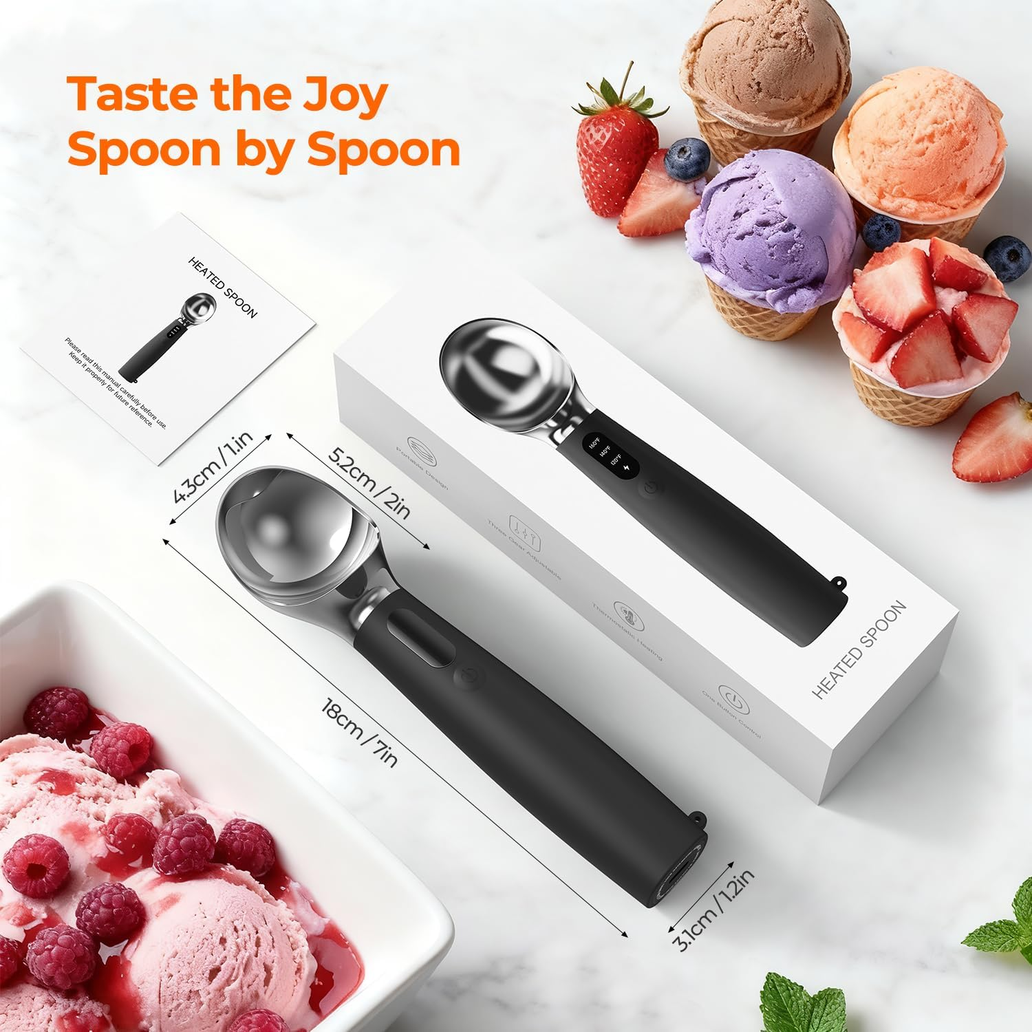 Heated Ice Cream Scoop with On/Off Switch - Electric Rechargeable Scooper with LED Display IPX7 Waterproof