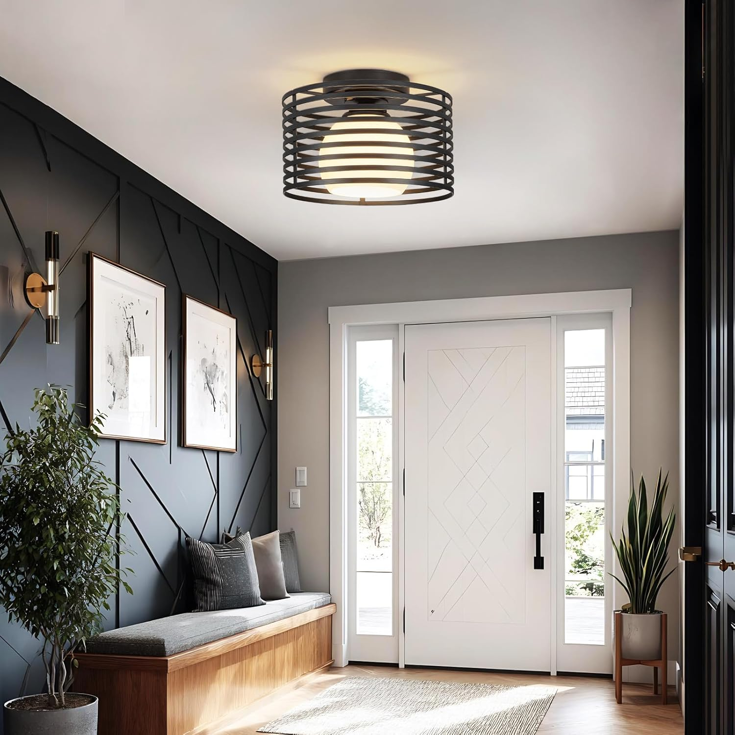 Modern Industrial Semi Flush Mount Ceiling Light 9.0in - 1-Light Black Farmhouse Fixture with Glass Shade