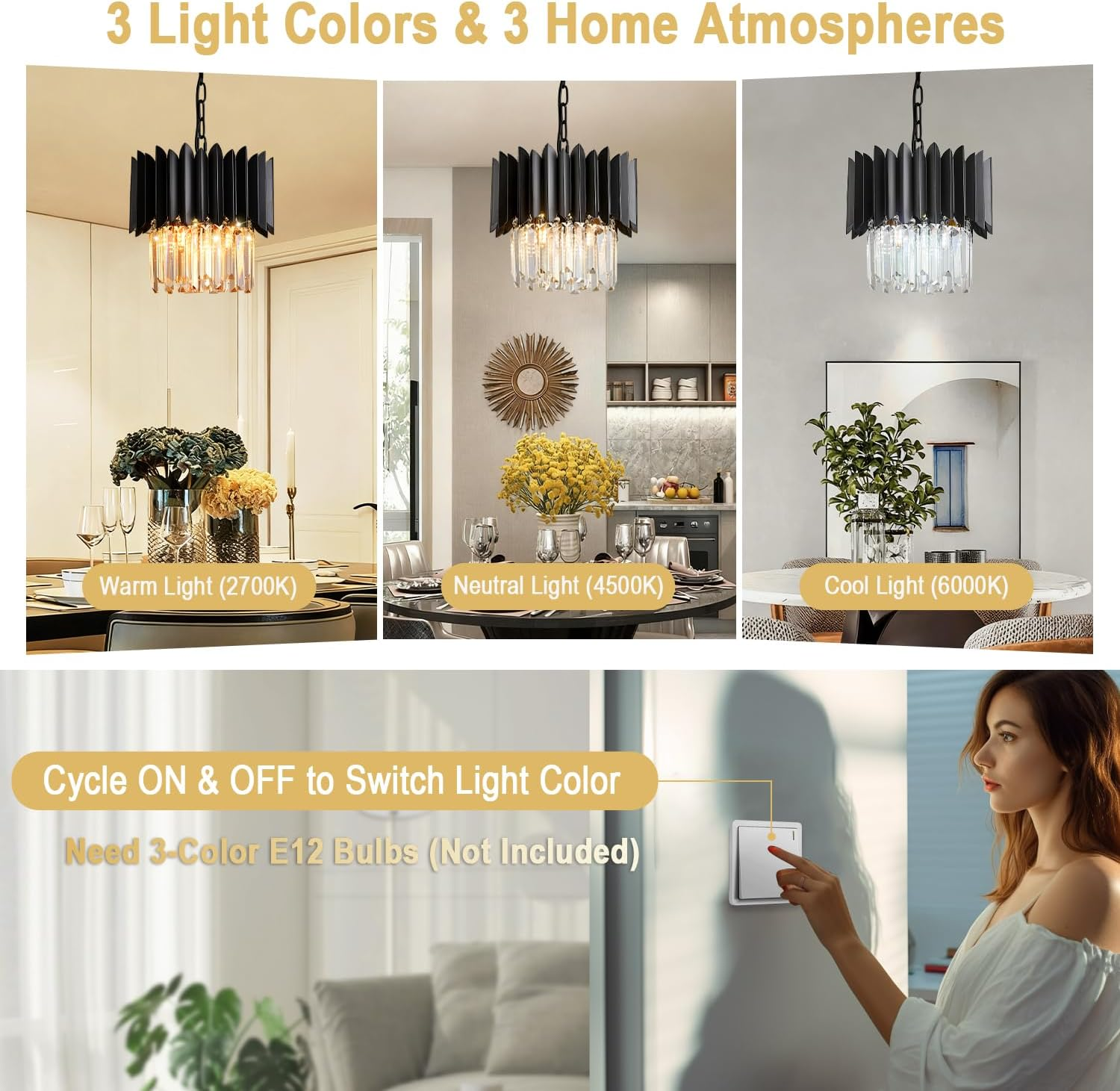 Black Crystal Chandelier 12 Inch - K9 Crystal 3-Light Semi Flush Mount Pendant Light for Kitchen Island Dining Room