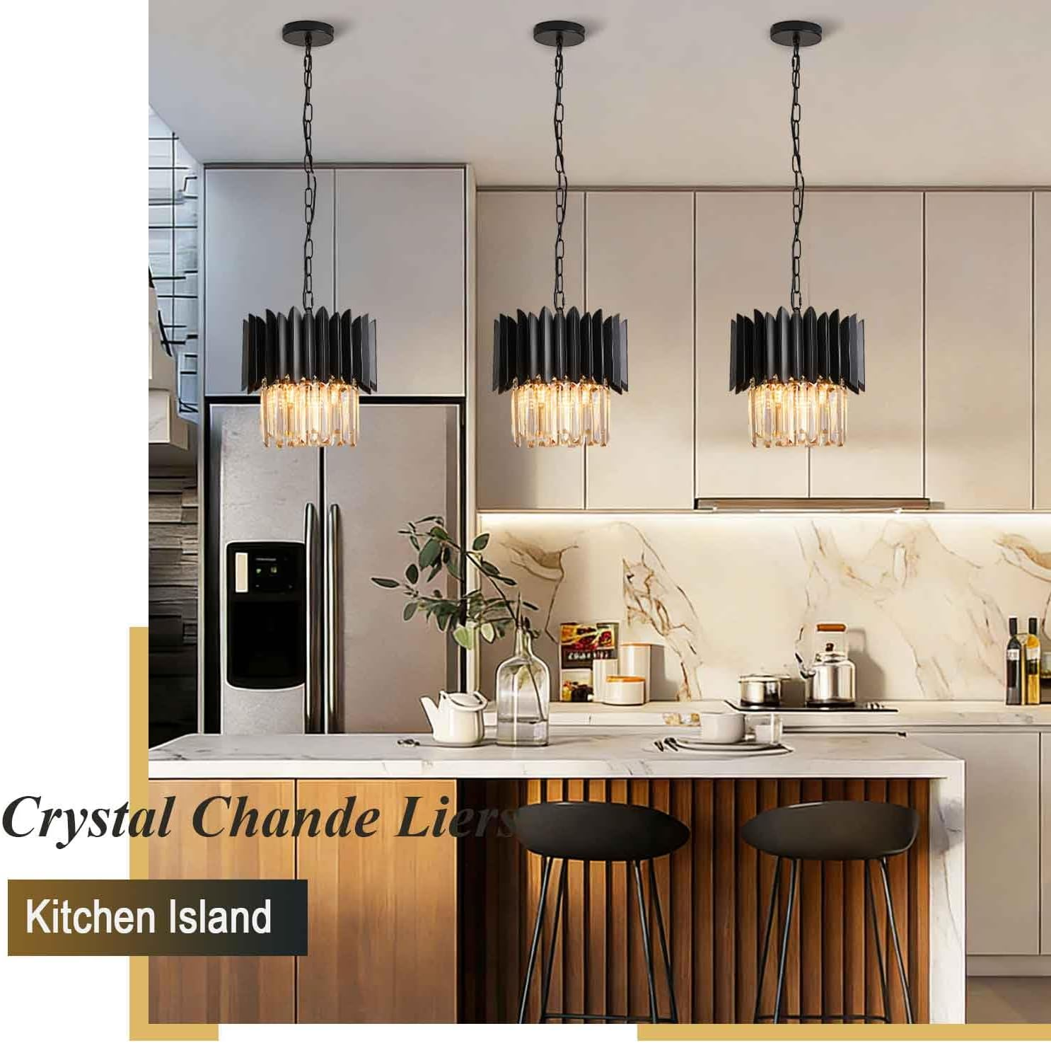 Black Crystal Chandelier 12 Inch - K9 Crystal 3-Light Semi Flush Mount Pendant Light for Kitchen Island Dining Room