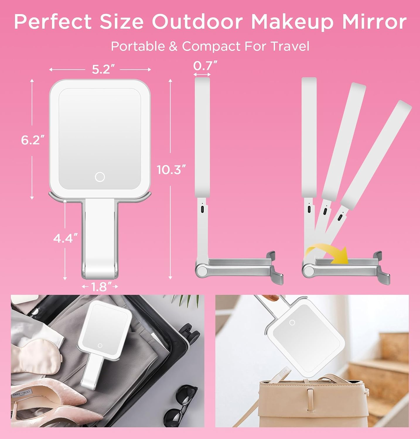 Travel Mirror with Lights - Magnifying Makeup Mirror 10X/1X Double Sided with 3 Color Lighting