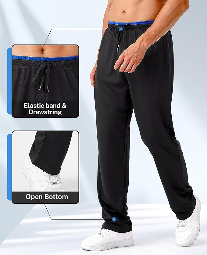 Men's Sweatpants with Zipper Pockets - Open Bottom Mesh Athletic Joggers for Workout & Running