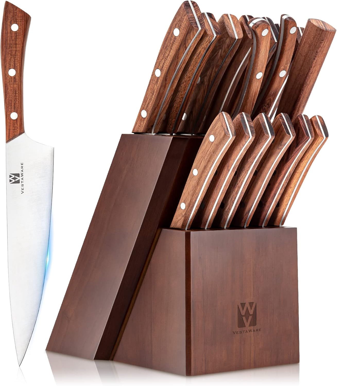 Vestaware Professional Stainless Steel Knife Set - 15-Piece German Steel Kitchen Knives with Wooden Block & Sharpener