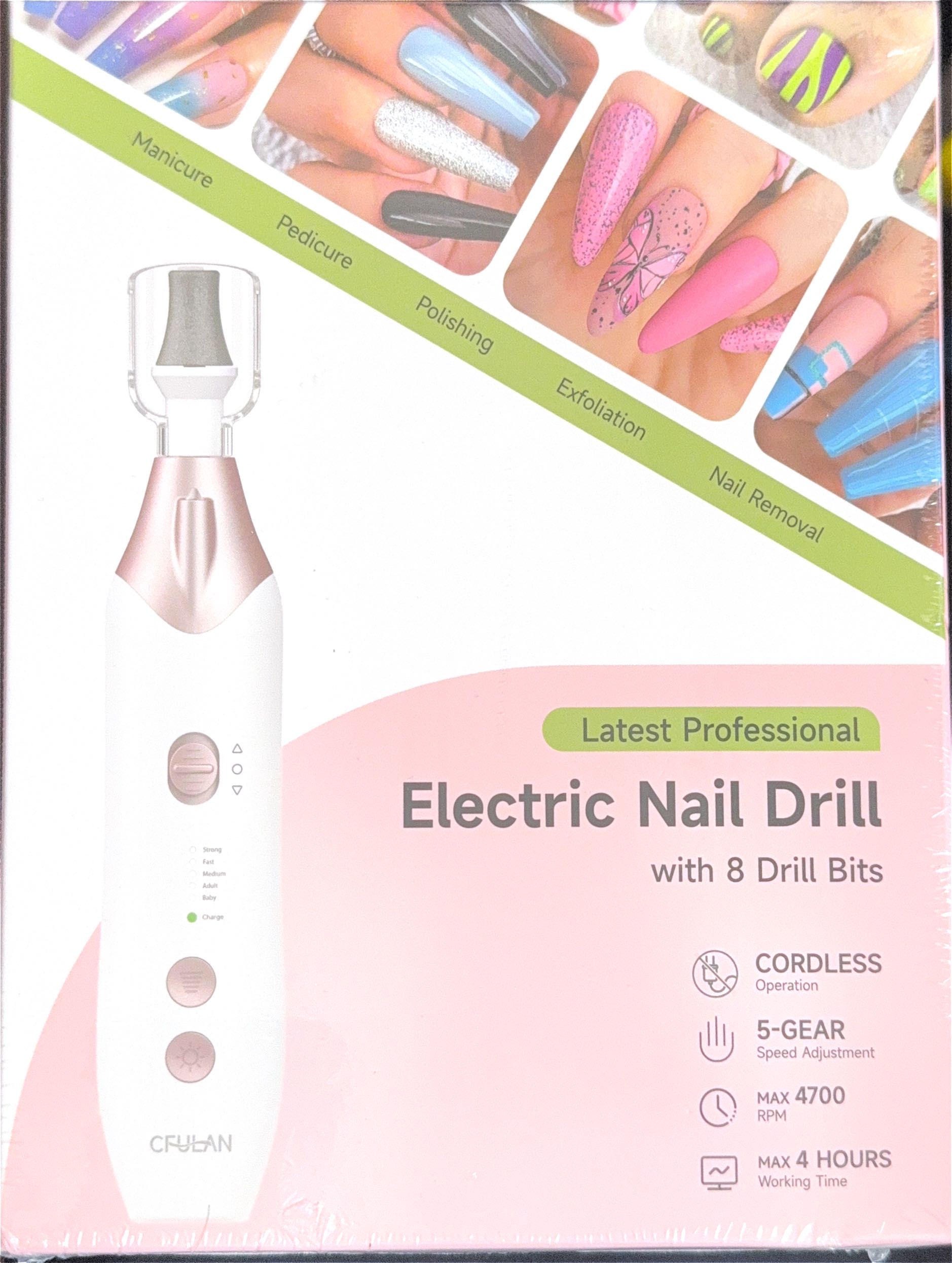 Electric Nail Drill Kit Pink 8 Bits Cordless