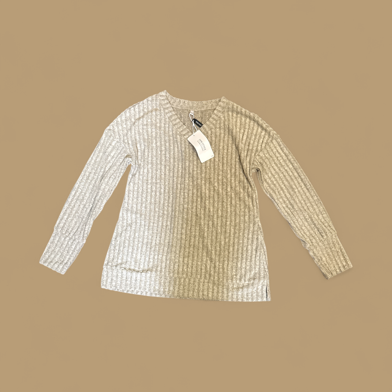 Beige Ribbed V-Neck Sweater - Women's Long Sleeve Knit Pullover