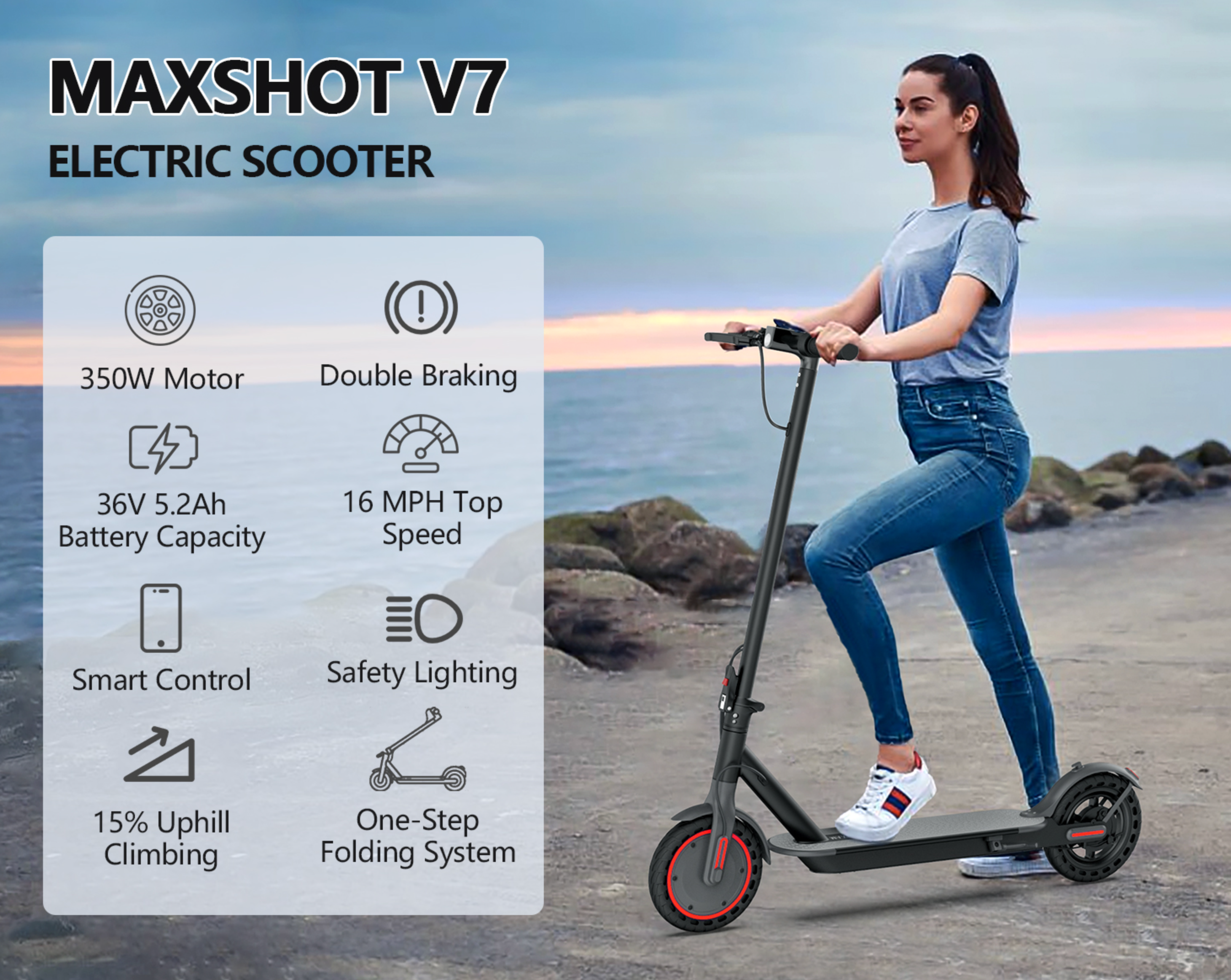 MAXSHOT V-7 Electric Scooter - 350W Motor, 16 Mile Range, Foldable Urban Commuter