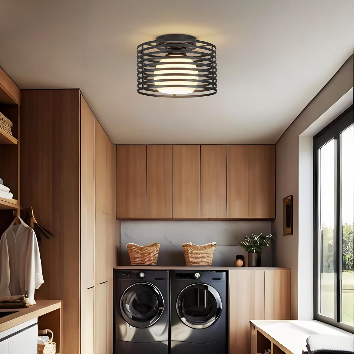 Modern Industrial Semi Flush Mount Ceiling Light 9.0in - 1-Light Black Farmhouse Fixture with Glass Shade