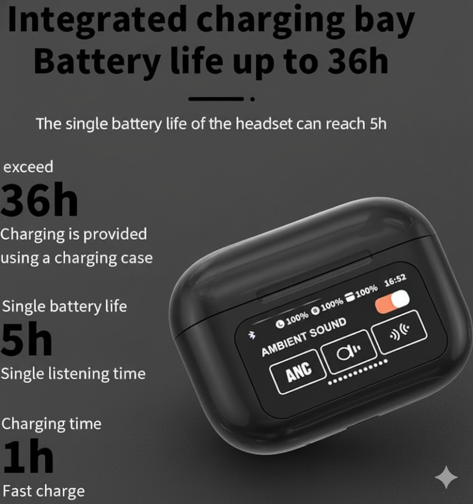 Wireless Bluetooth 5.4 Headset - ANC/ENC Noise Cancelling Earbuds with Digital Display - Black