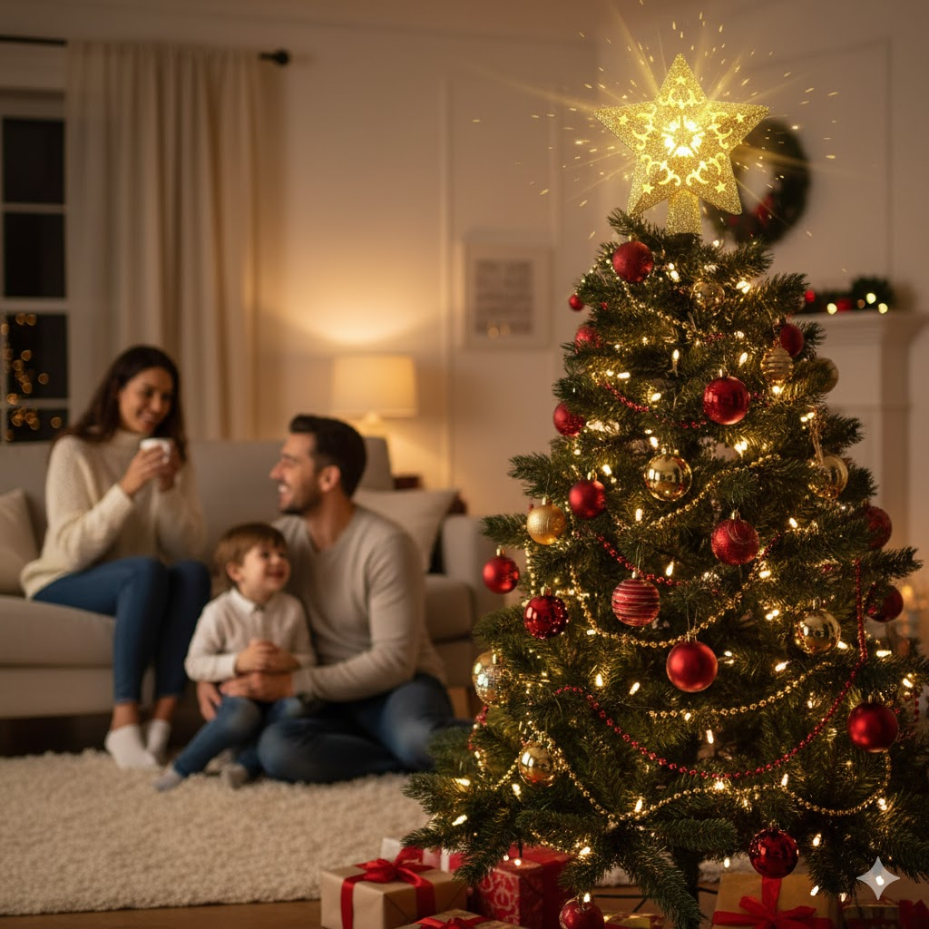 Christmas Tree Topper Lighted with Built-in LED Rotating Star Projector