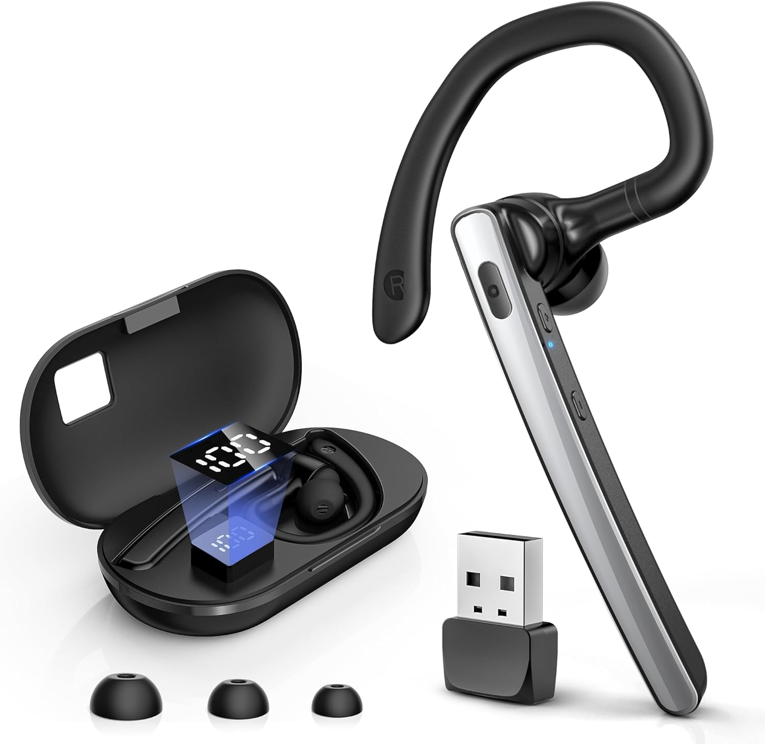 Bluetooth 5.3 Headset with 600mAh Charging Case - 110H Playtime Wireless Earpiece for Trucker Office Work