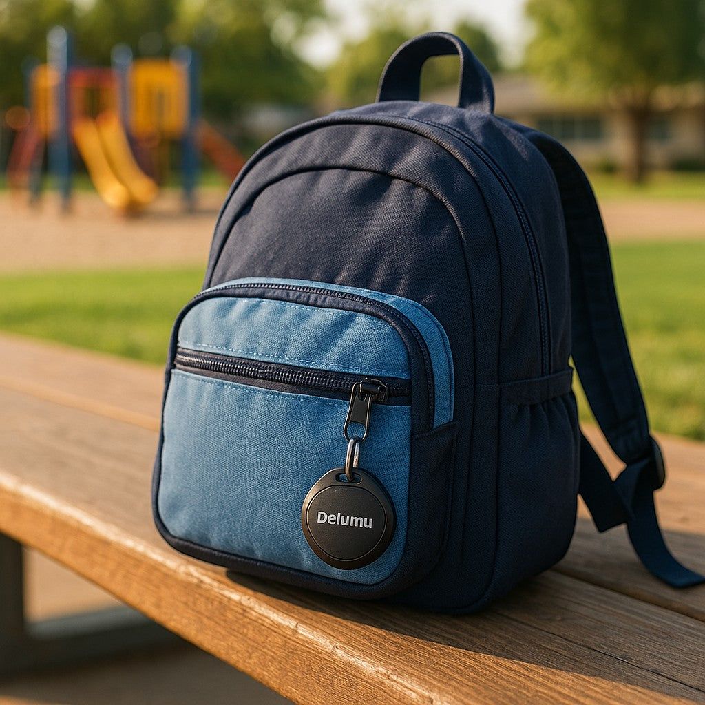 Delumu tracker on child's backpack
