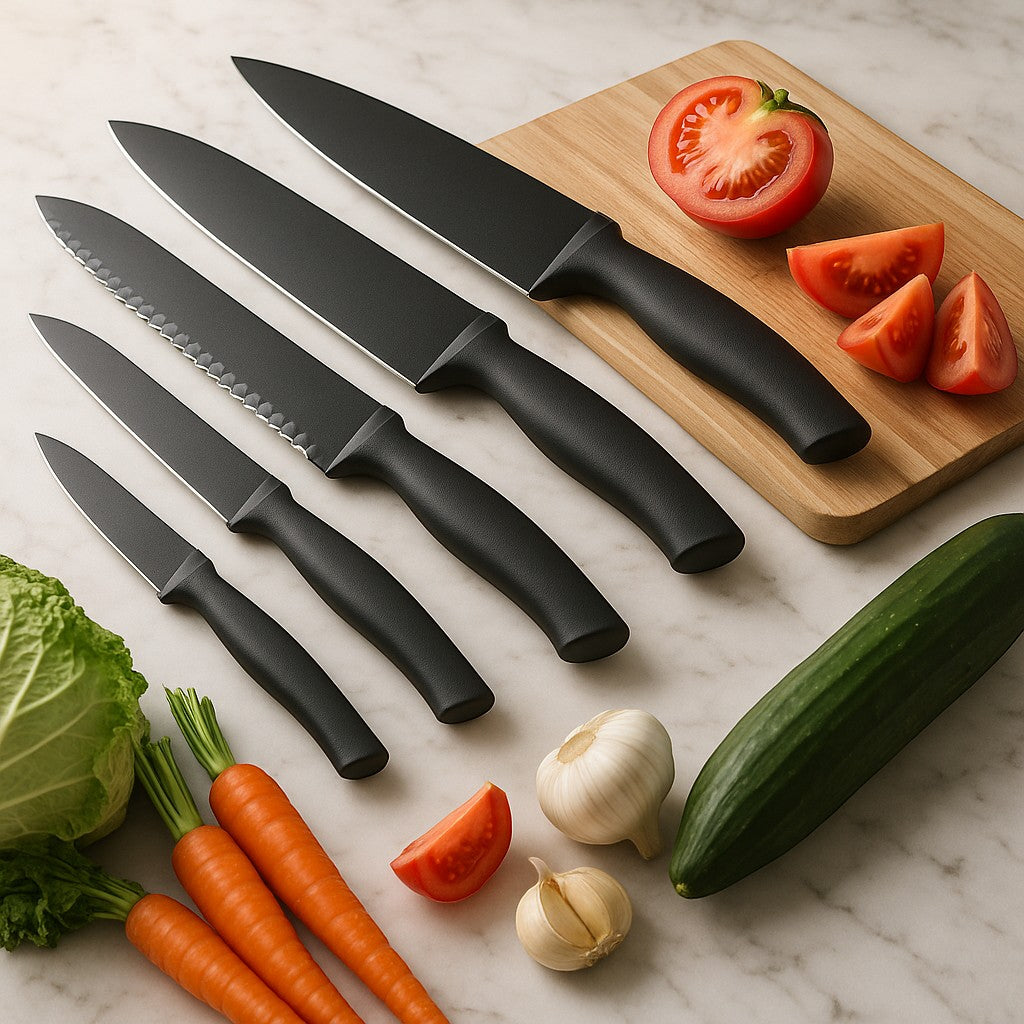 6-Piece Kitchen Knife Set Black Non-Stick With Sheaths