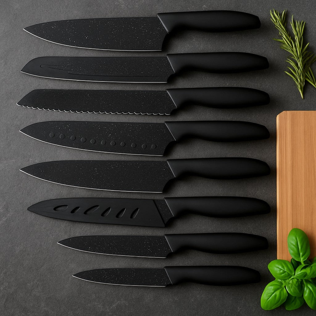 6-Piece Kitchen Knife Set Black Non-Stick With Sheaths