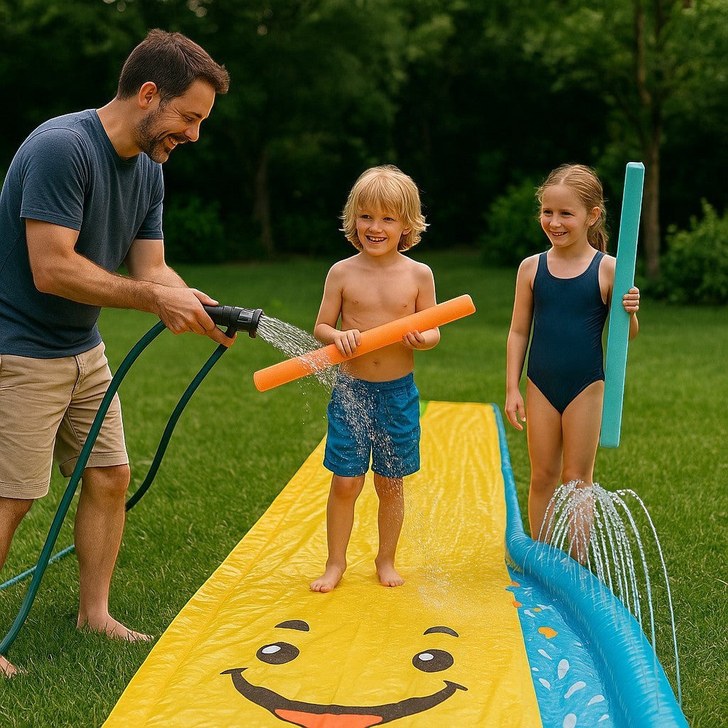 Dad spraying slip and slide with garden hose