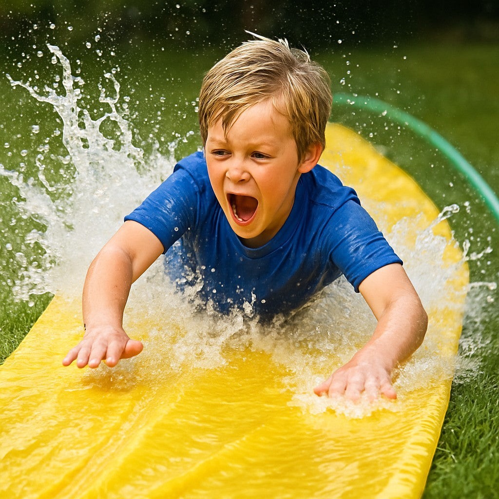 Boy mid-belly-flop on yellow slip and slide