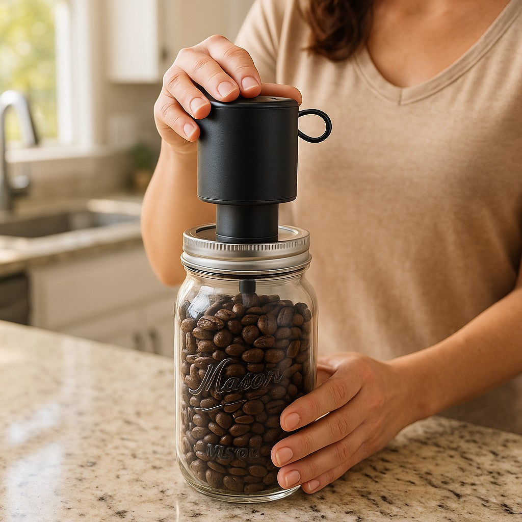 Handheld mason jar vacuum sealer on wide-mouth coffee jar