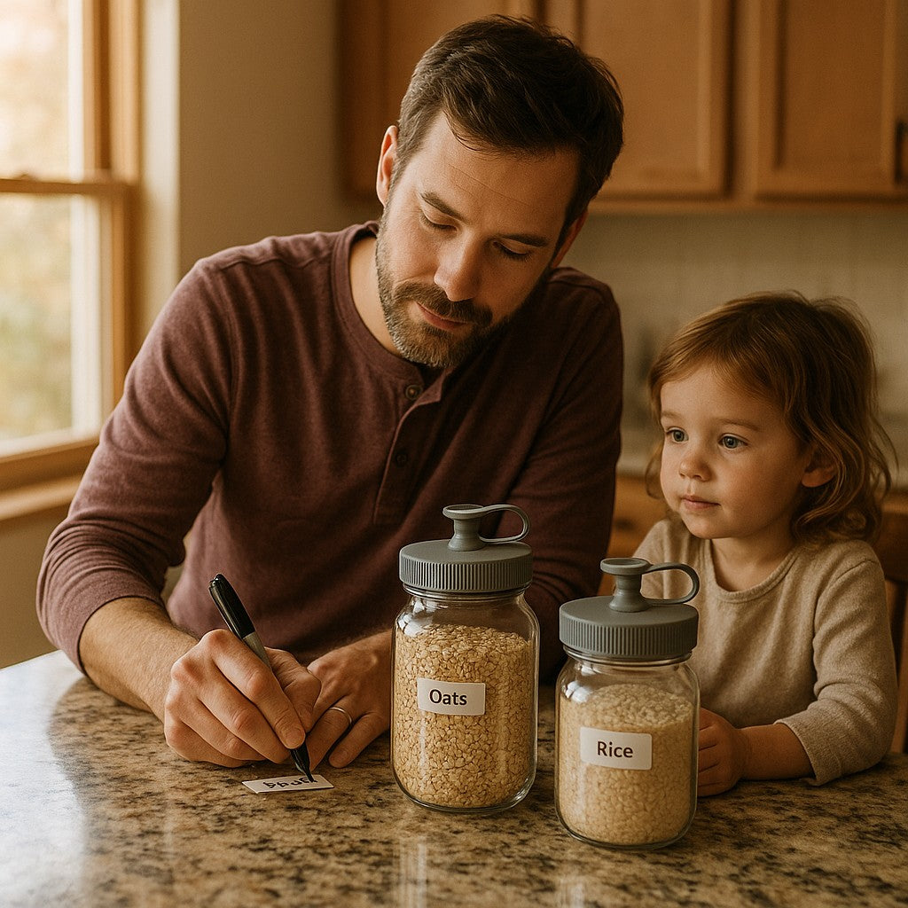 Father labeling sealed mason jars bulk oats rice