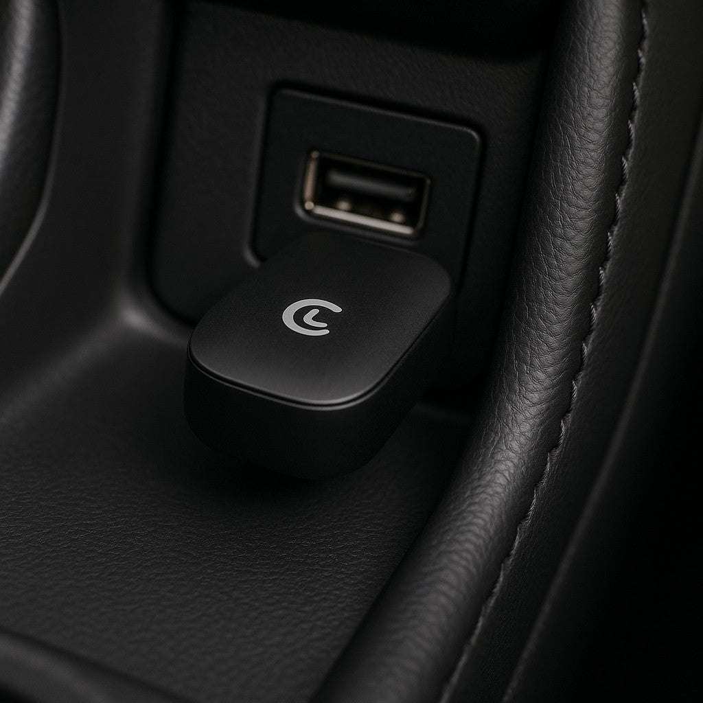 Small black wireless CarPlay USB dongle in console